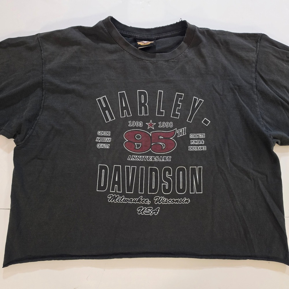 Vintage Harley Davidson 95th Anniversary T-Shirt 1998 Cropped Black 2XL USA Made